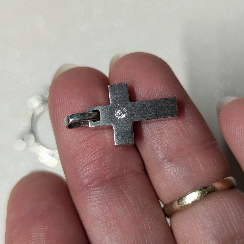 Silver Cross Pendant with Diamond Crystal Accent Brushed Silver 925 Stamped